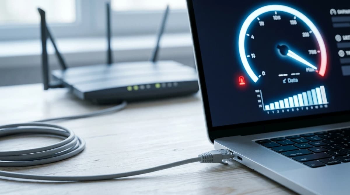 Testa uppkopplingen – laptop med hastighetsmätare och inkopplad nätverkskabel, med routern i bakgrunden