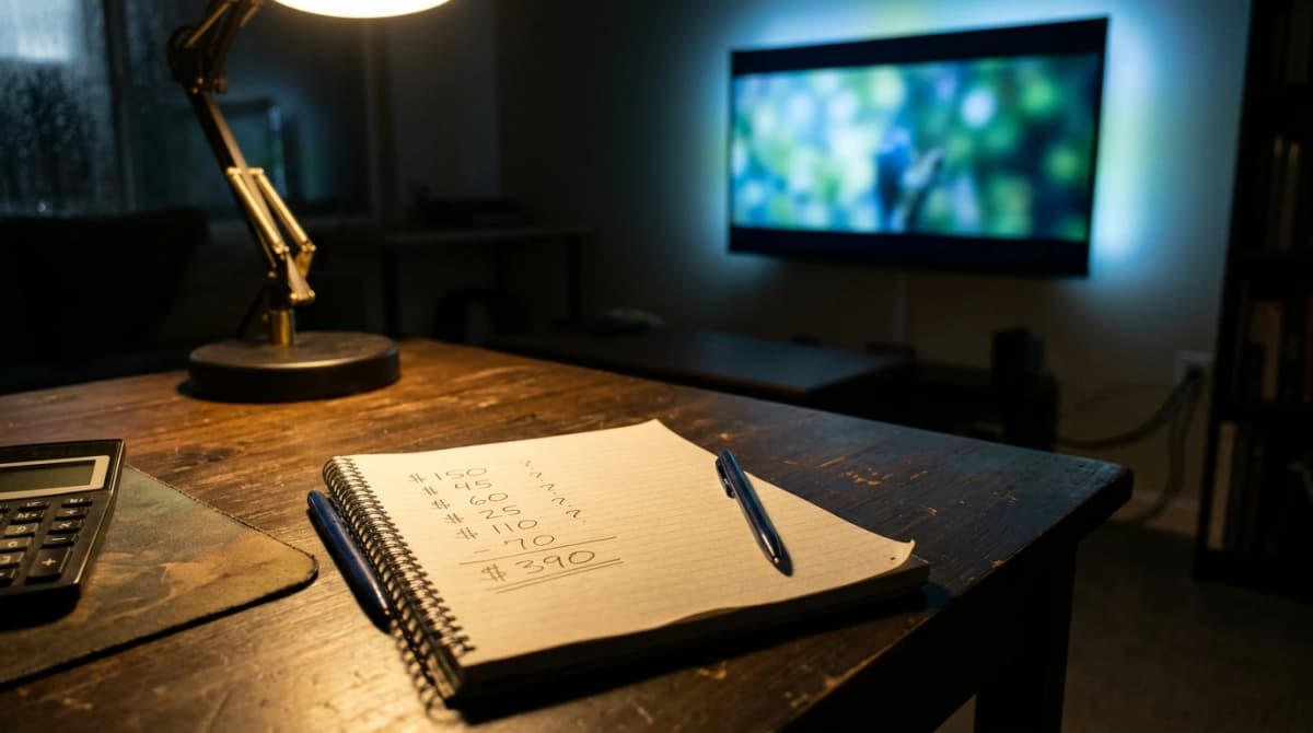 Räkna ut den verkliga månadskostnaden – ett anteckningsblock med en uppställd beräkning framför en tv i ett mörkt rum