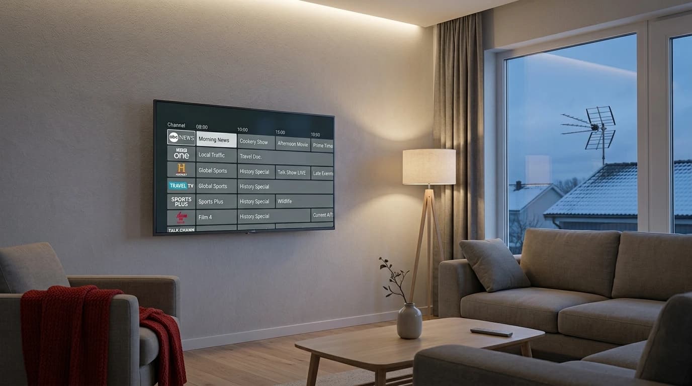 Digital tv i Sverige – tv på väggen i ett ljust vardagsrum som visar en tv-tablå, med en takantenn synlig genom fönstret