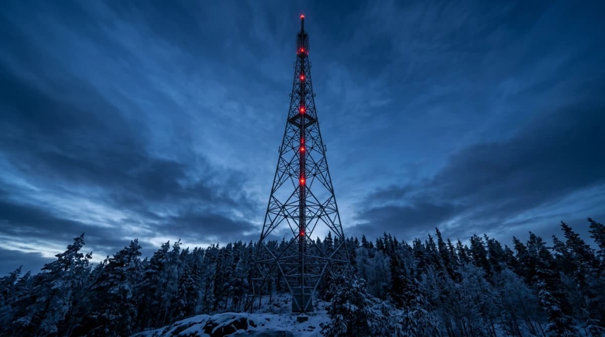 Marknätet – hög sändarmast med röda varningsljus mot blå kvällshimmel över snötäckt skog