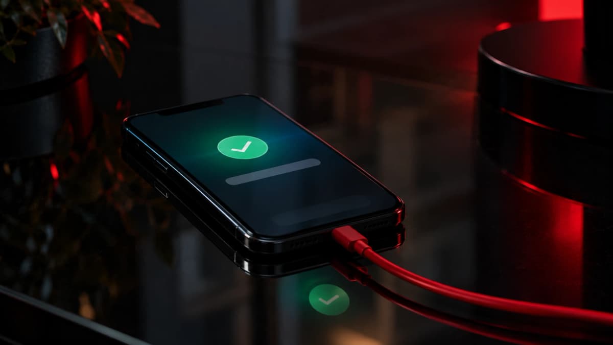 Vad gratis kostar – mobil som visar en genomförd betalning med en röd kabel inkopplad, på ett mörkt glasbord