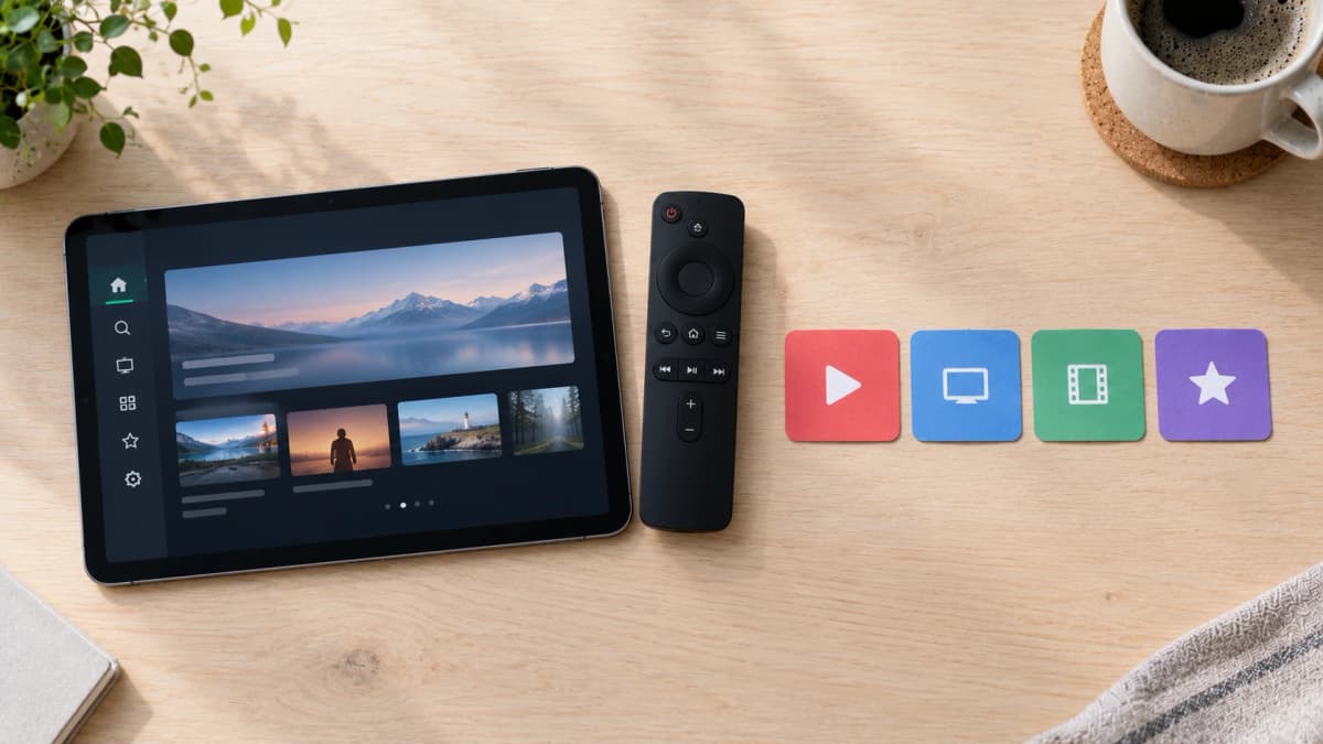Gratis och lagligt – surfplatta med en play-tjänst, fjärrkontroll och fyra färgade appbrickor på ett ljust träbord