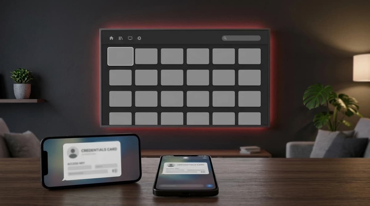 Det du ska få efter köpet – en tv med en spelarapp full av tomma rutor och mobiler som visar ett kort med inloggningsuppgifter