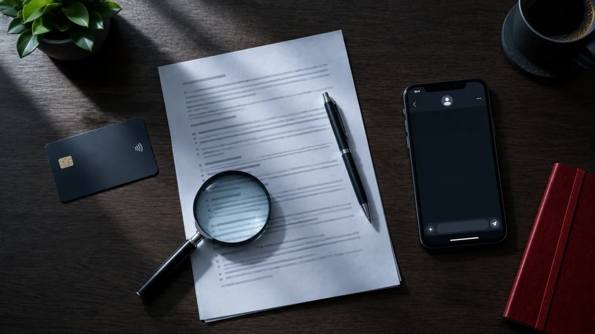 Checking the IPTV bolaget before you pay – a terms document with a magnifying glass and pen, a payment card, a phone showing an empty chat window and a cup of coffee on a dark desk