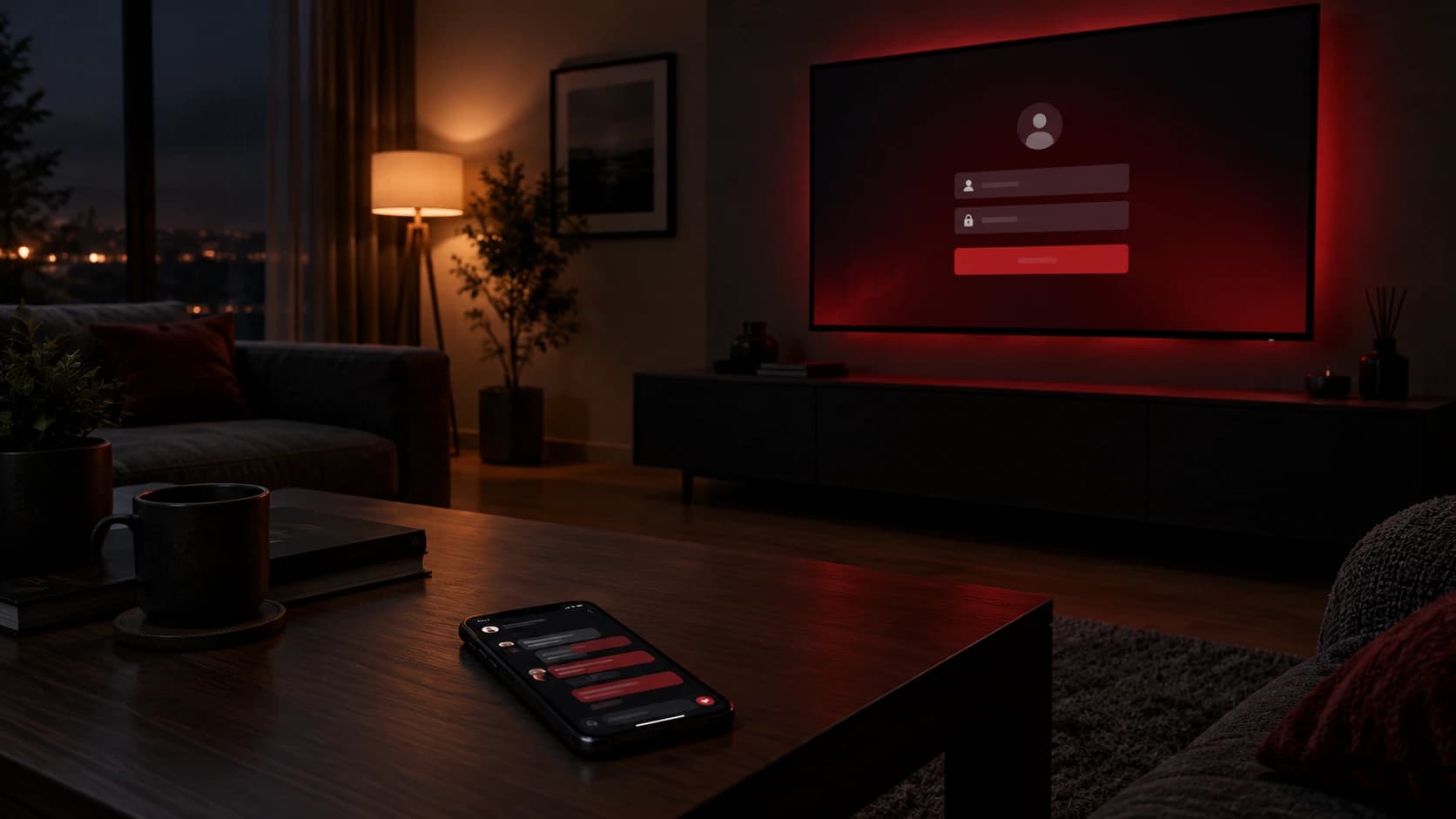 The IPTV bolaget behind the service – a dark living room in the evening, a large TV showing an anonymous login screen in red light and a phone with a chat conversation on the coffee table