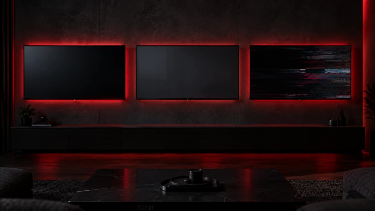 Three kinds of IPTV bolaget – three TV screens on a dark concrete wall with red backlighting: one showing a clear picture, one blank and one breaking up with glitch interference