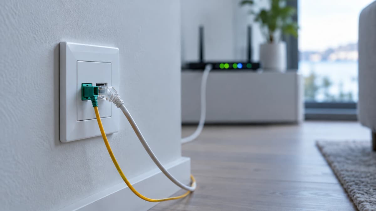 Öppet stadsnät i Malmö – fiberuttag i väggen med inkopplade nätverkskablar och en router med lysande statuslampor i bakgrunden