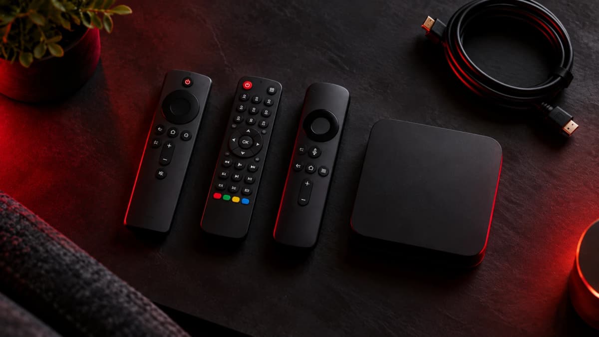 Välja IPTV-box – tre fjärrkontroller och en svart streamingbox på ett mörkt bord bredvid en hoprullad HDMI-kabel
