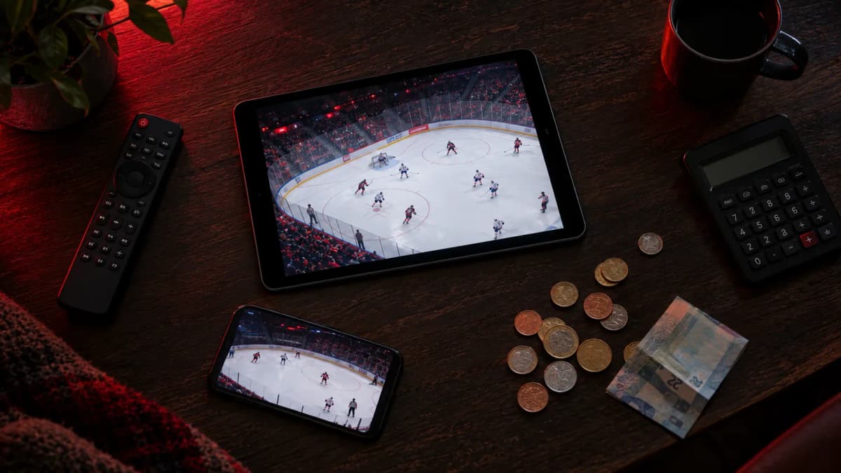 What TV costs in Sweden in 2026 – remote control, tablet and phone showing ice hockey, a calculator and coins on a table