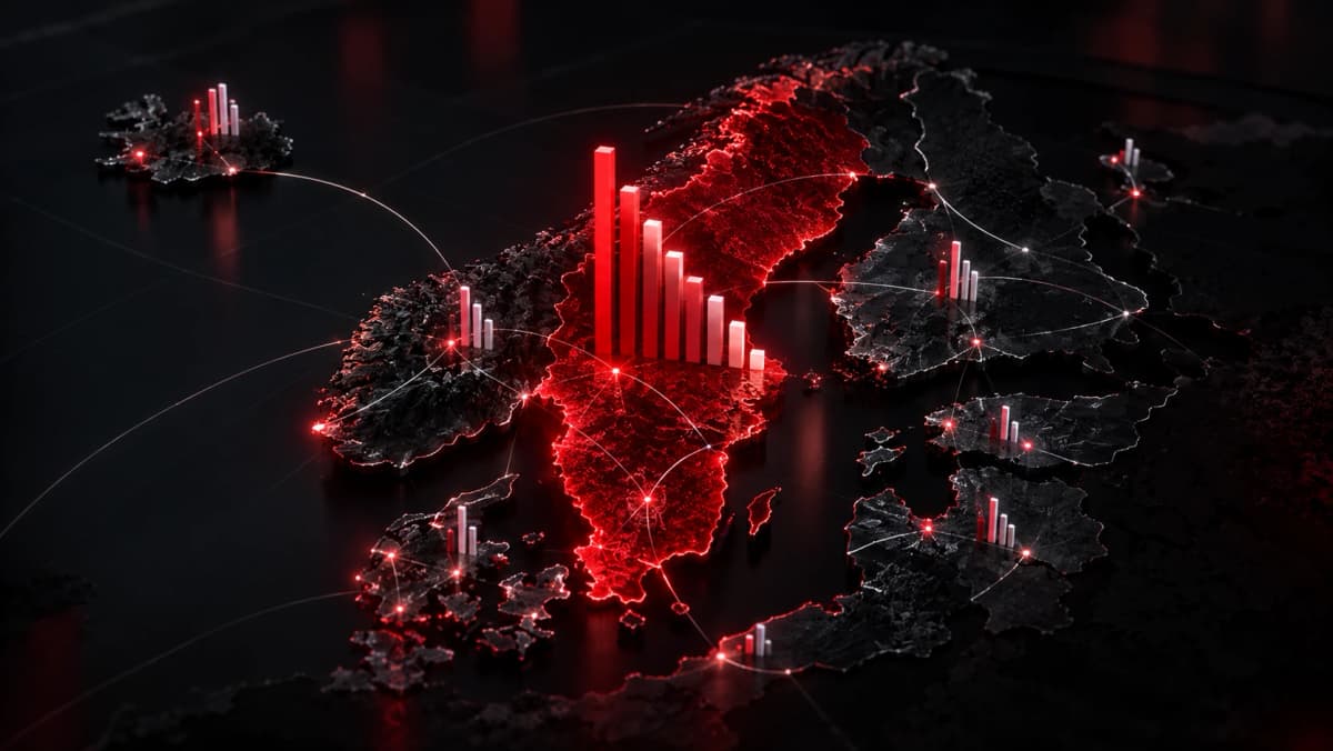 IPTV Nordic in numbers – a Nordic map with Sweden glowing red and falling bars for illegal IPTV