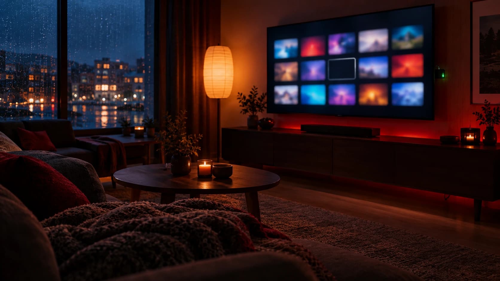 IPTV Nordic 2026 – a dark Scandinavian living room on a rainy autumn evening with a large smart TV showing streaming services